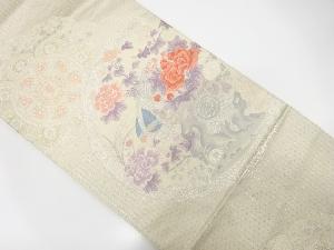 アンティーク　絵皿に尾長鳥・牡丹・菊模様織り出し袋帯(材料)